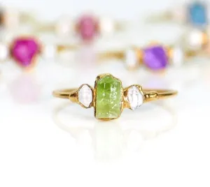 Raw Peridot and Herkimer diamond ring