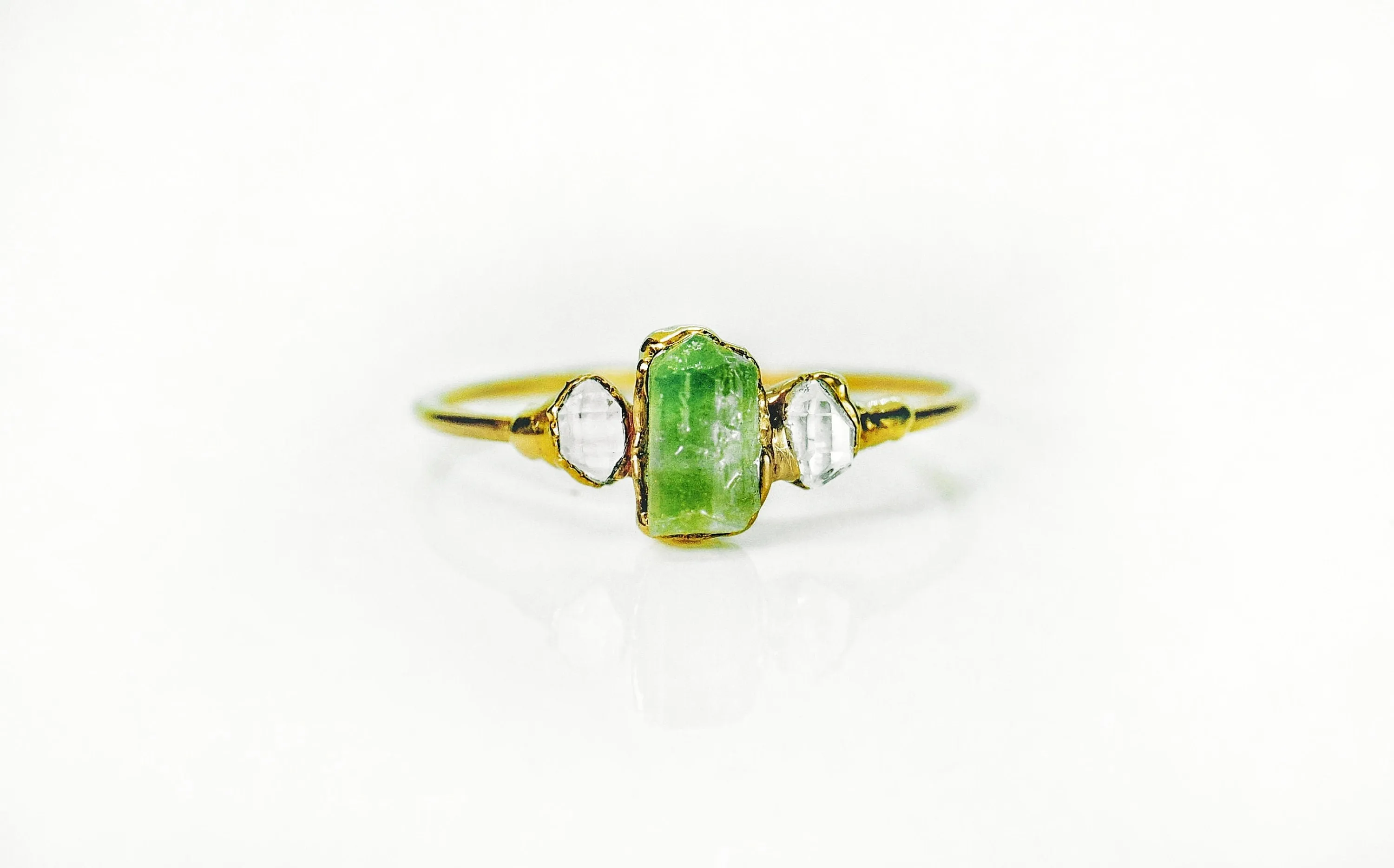 Raw Peridot and Herkimer diamond ring