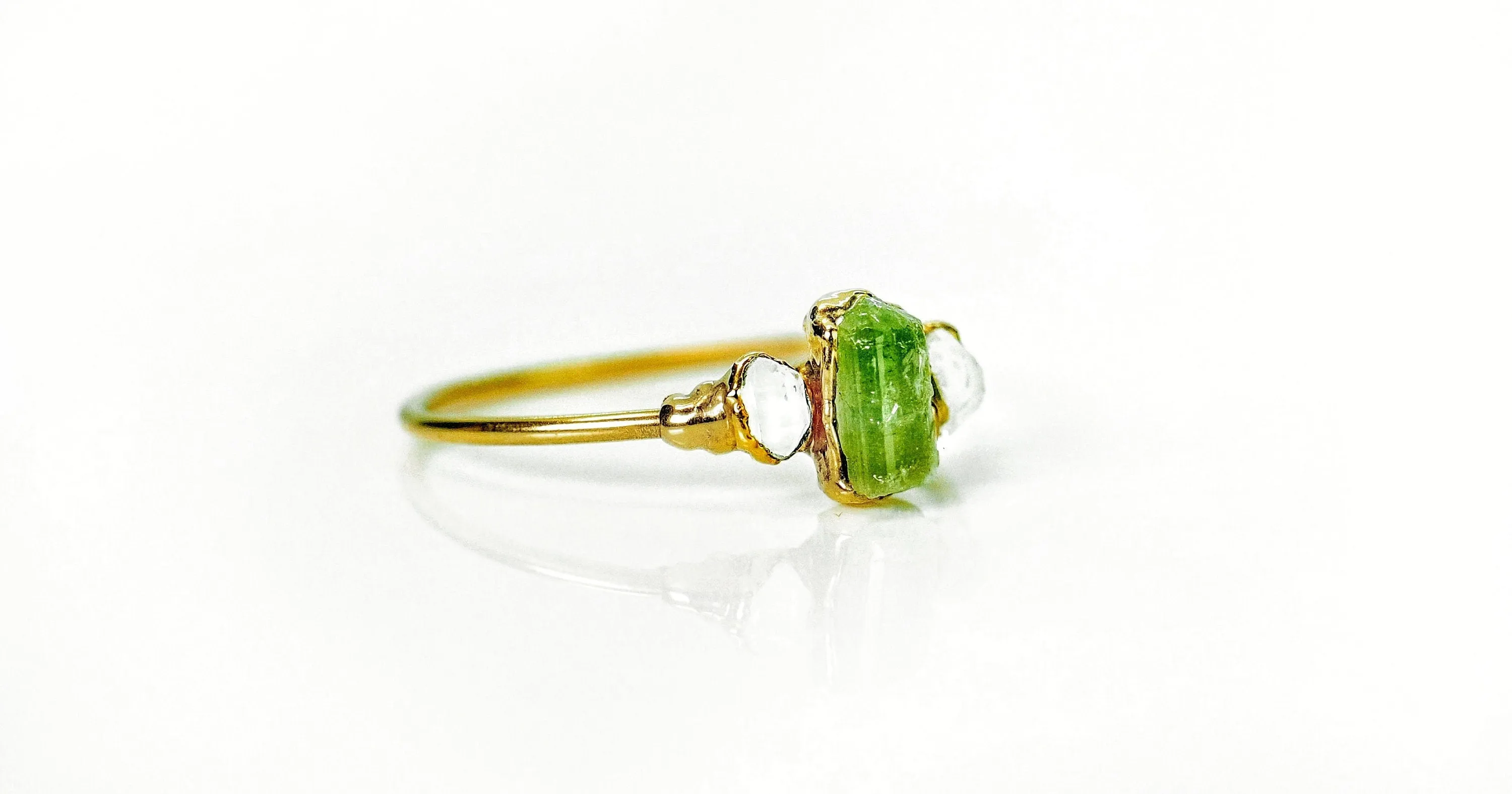 Raw Peridot and Herkimer diamond ring