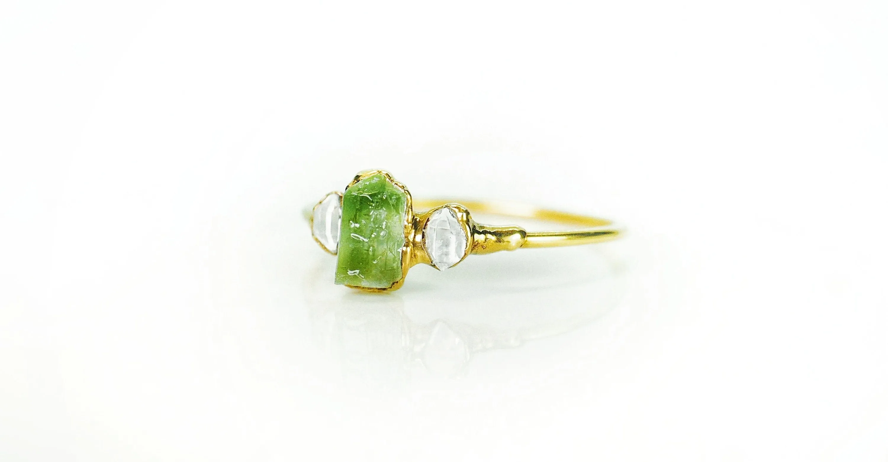 Raw Peridot and Herkimer diamond ring