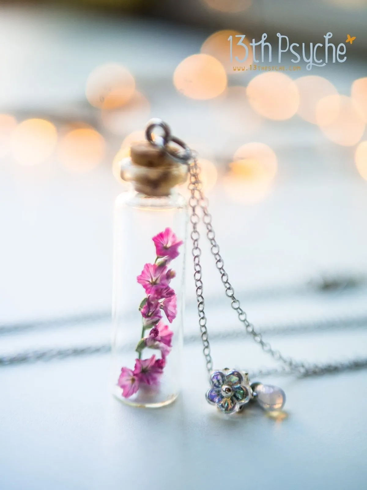 Real dried pink flower bottle pendant necklace