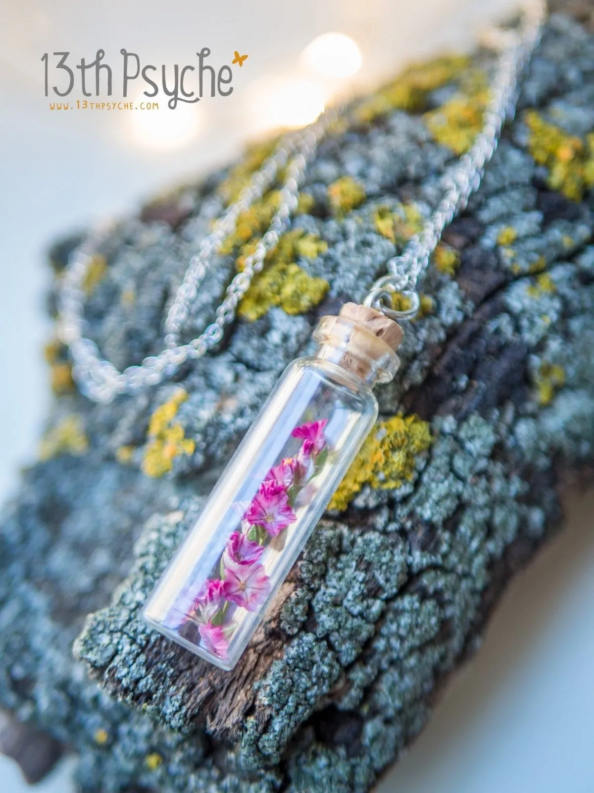 Real dried pink flower bottle pendant necklace