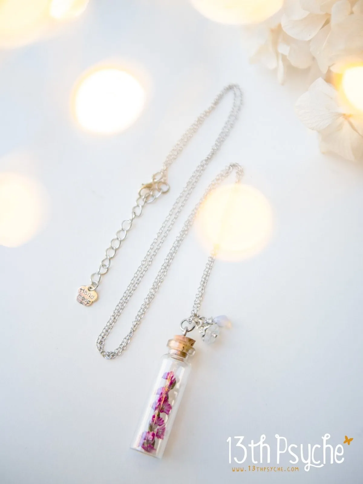 Real dried pink flower bottle pendant necklace