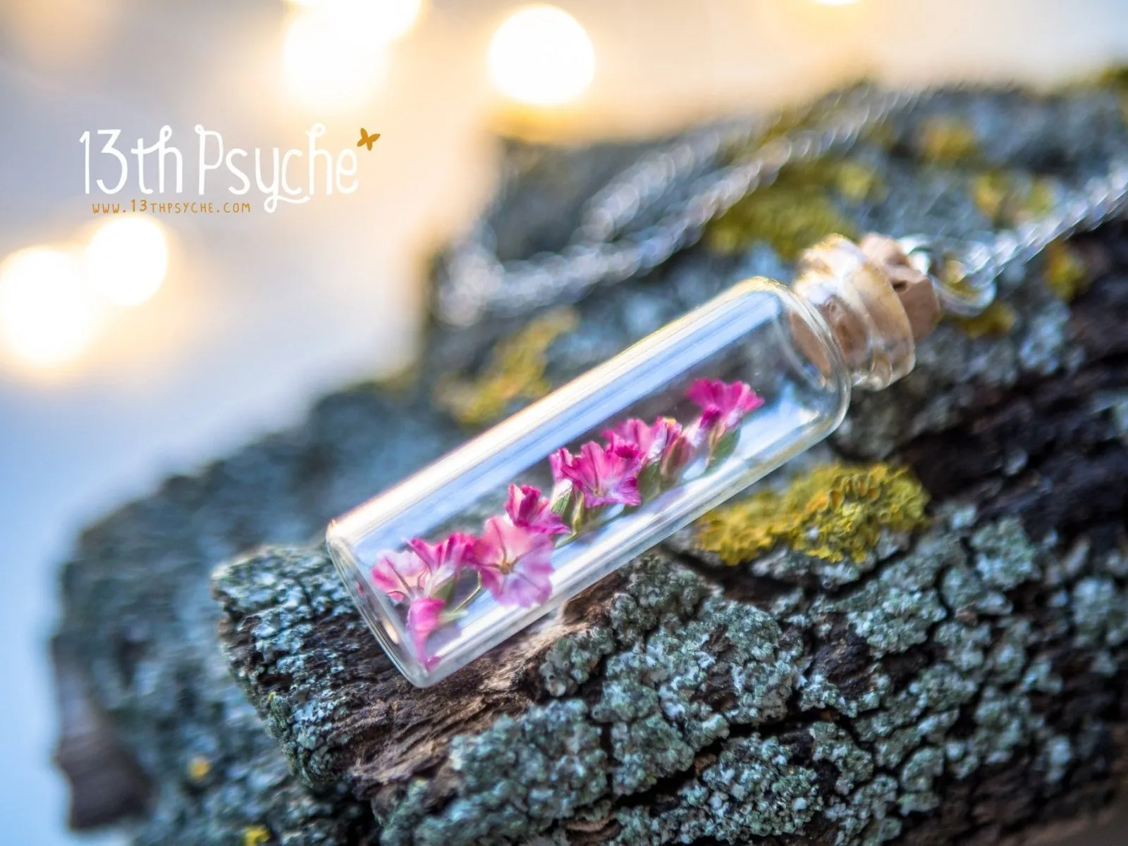 Real dried pink flower bottle pendant necklace