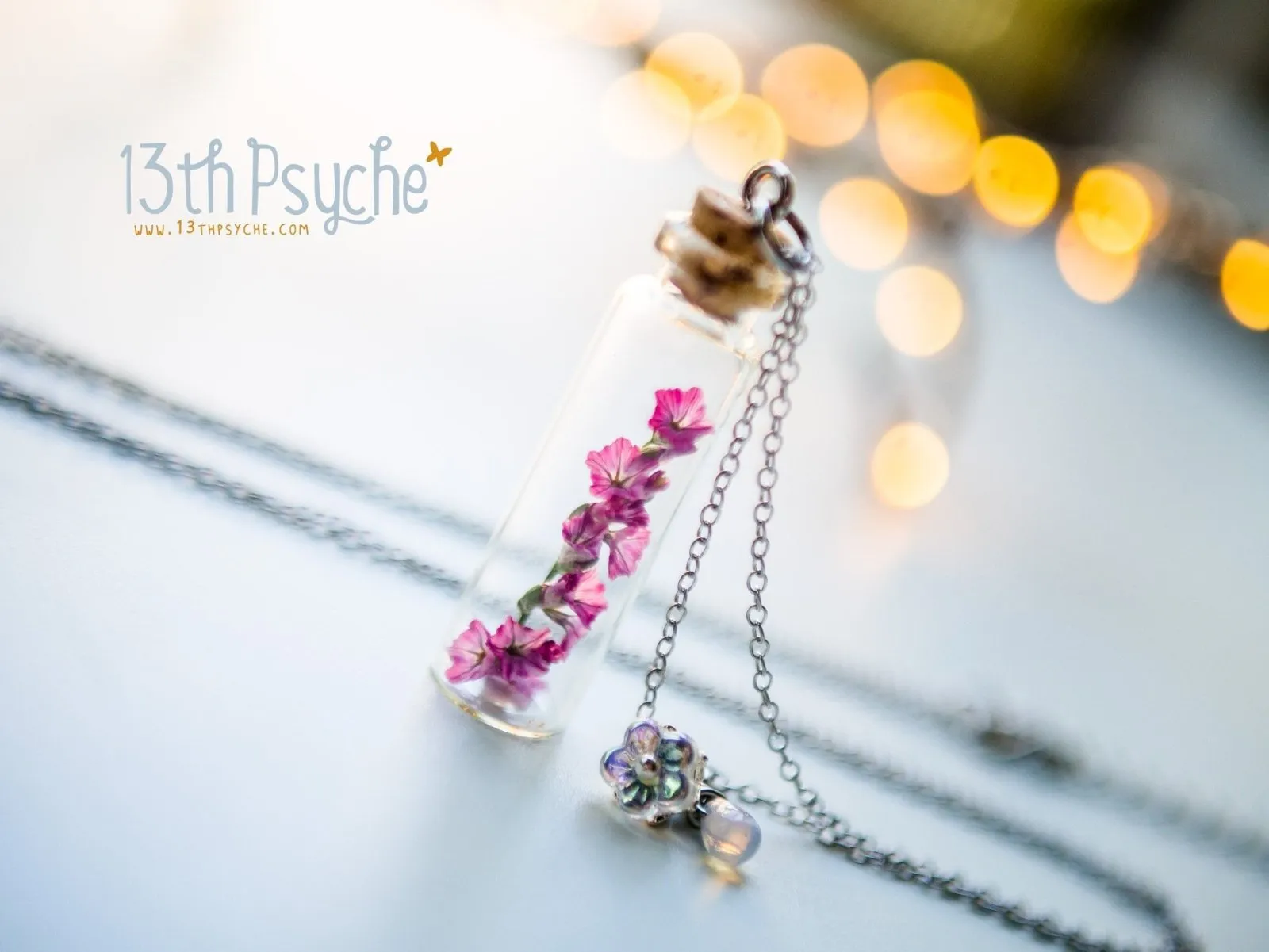 Real dried pink flower bottle pendant necklace