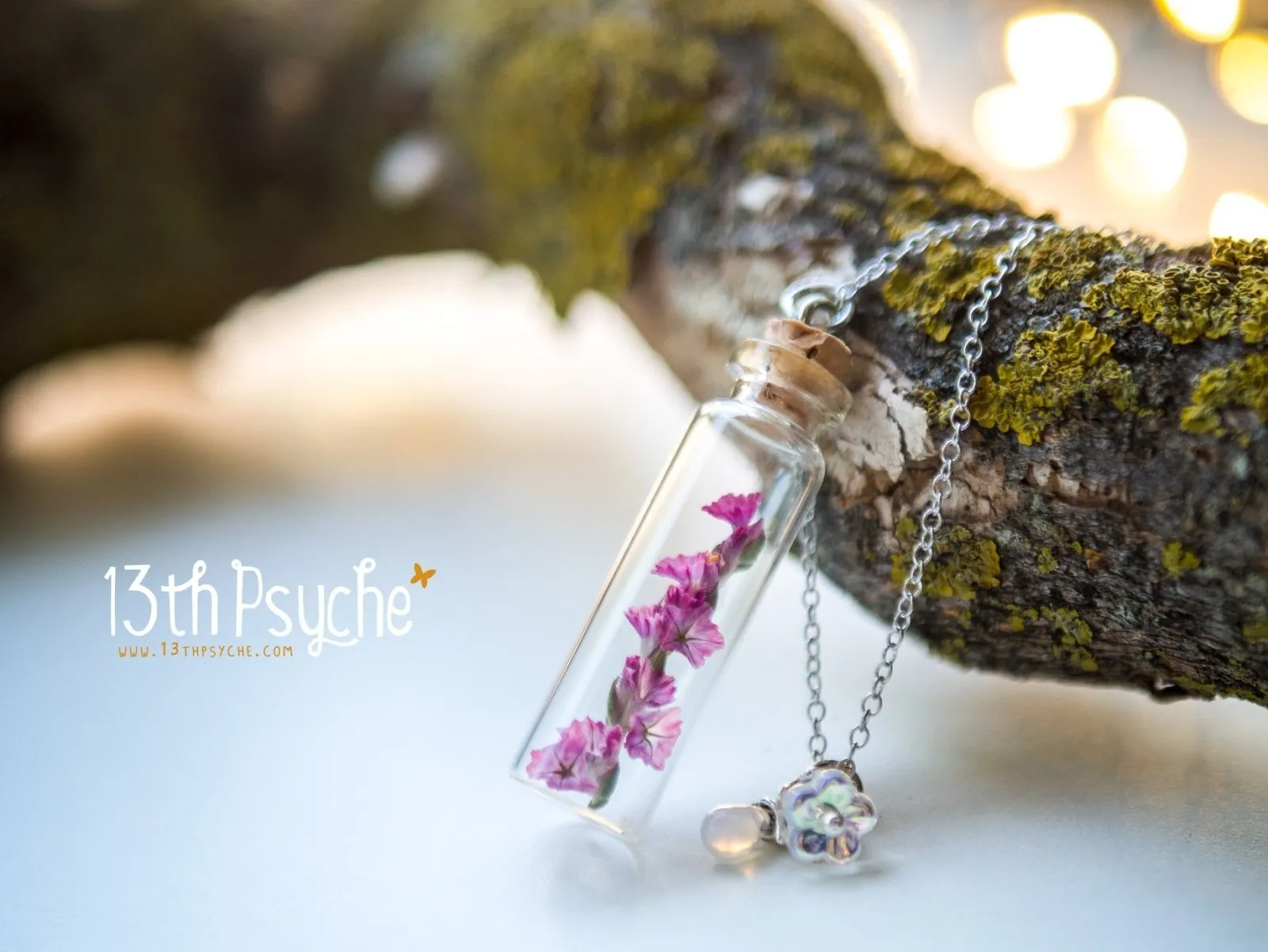 Real dried pink flower bottle pendant necklace