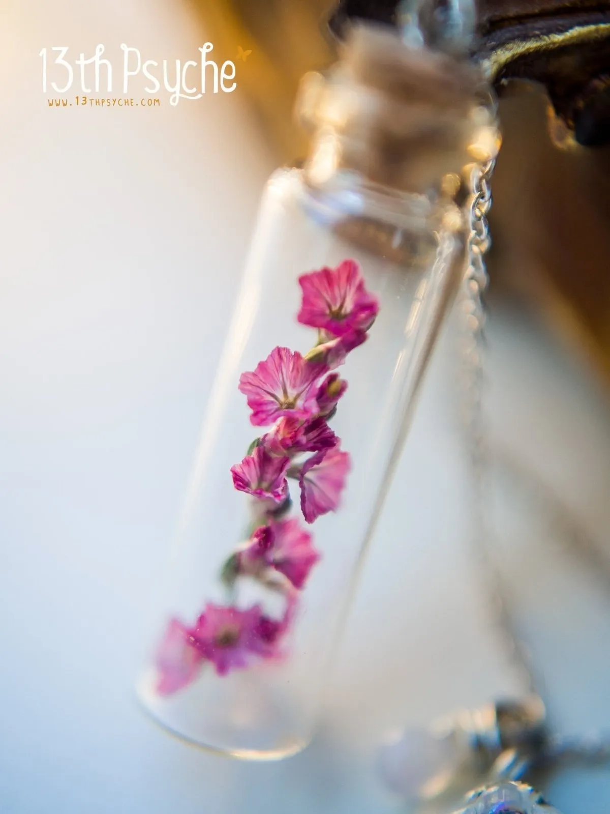 Real dried pink flower bottle pendant necklace