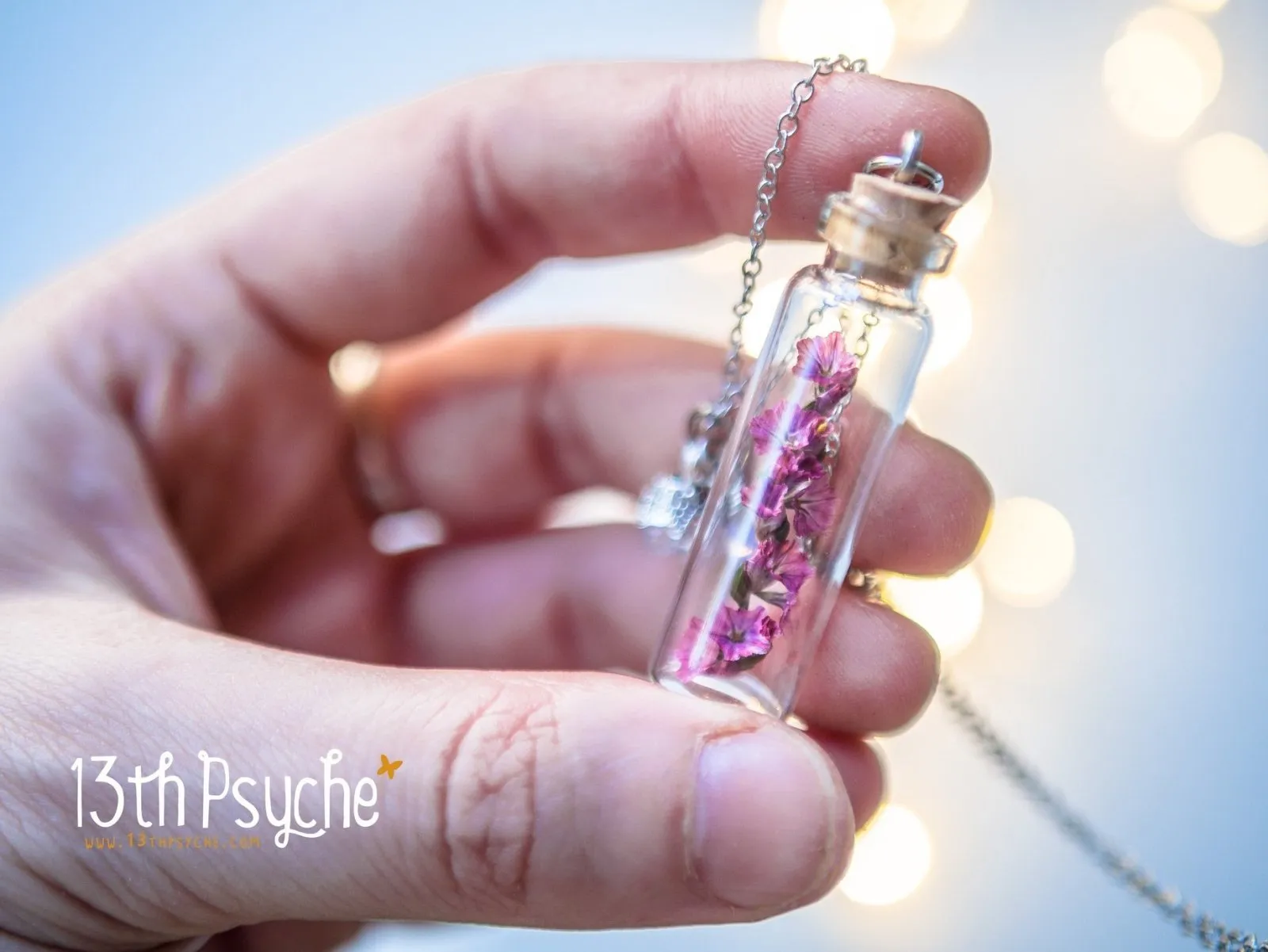 Real dried pink flower bottle pendant necklace