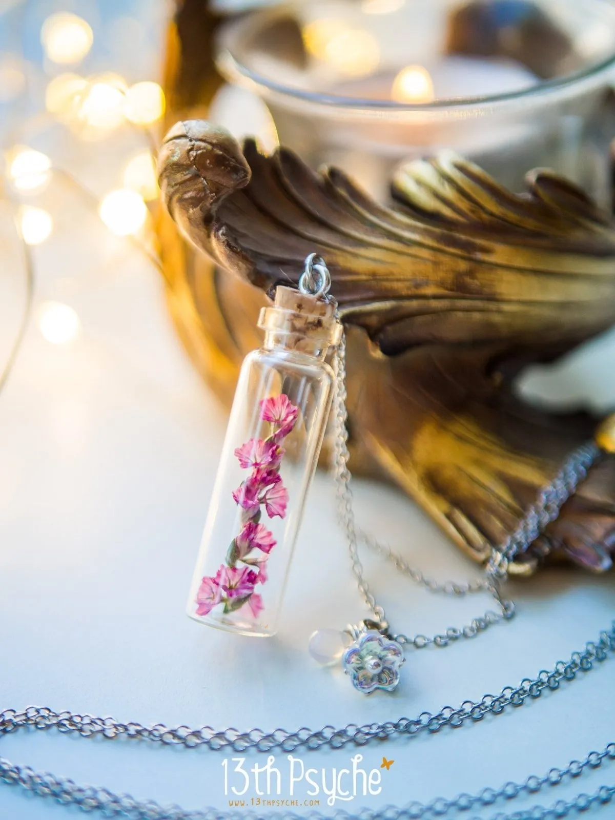 Real dried pink flower bottle pendant necklace