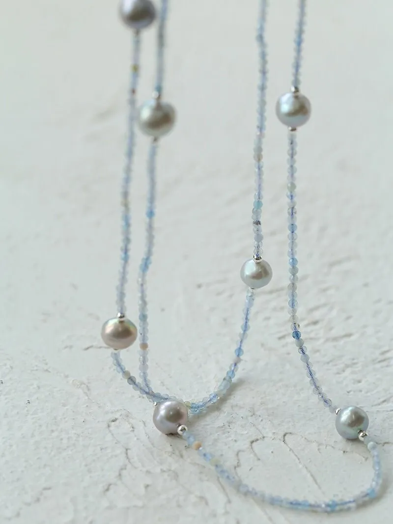 Refreshing Aquamarine Grey Pearl Long Beaded Necklace