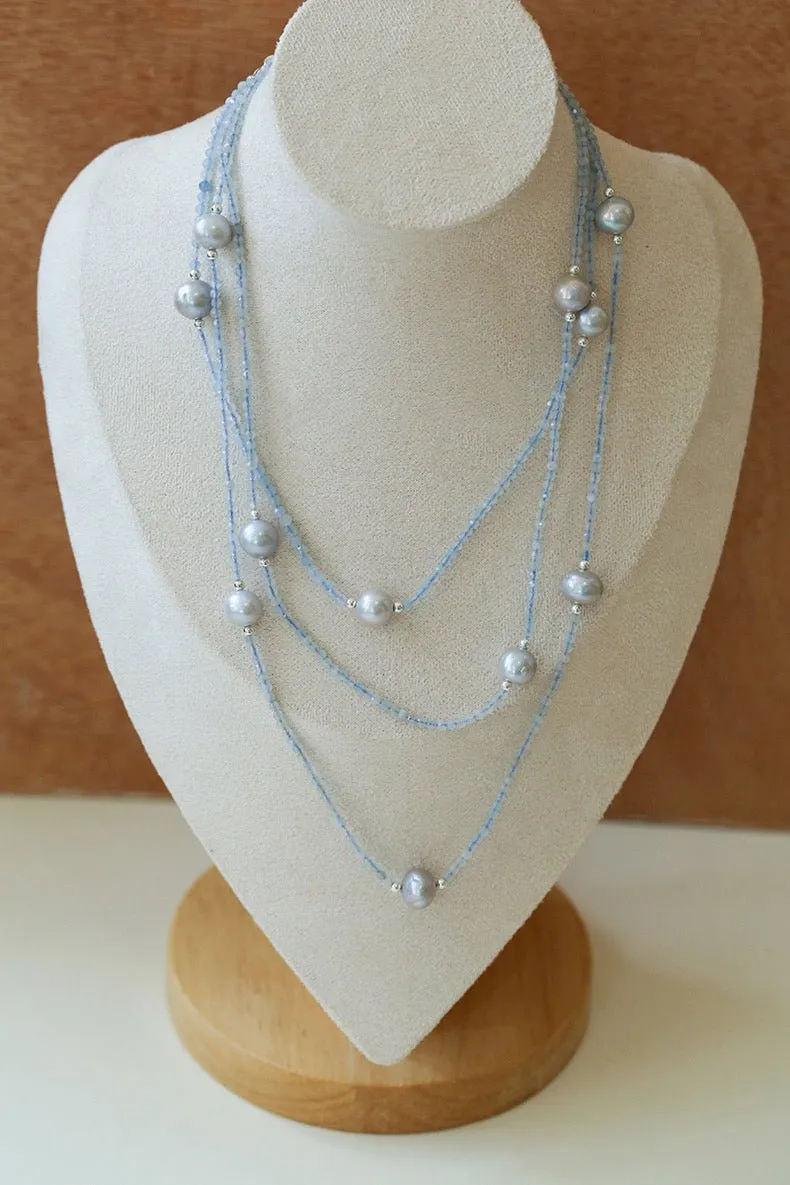 Refreshing Aquamarine Grey Pearl Long Beaded Necklace