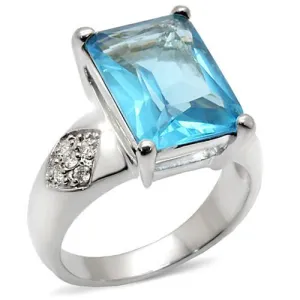 Rhodium Brass Ring with Synthetic Synthetic Glass in Sea Blue for Women Style 9X012