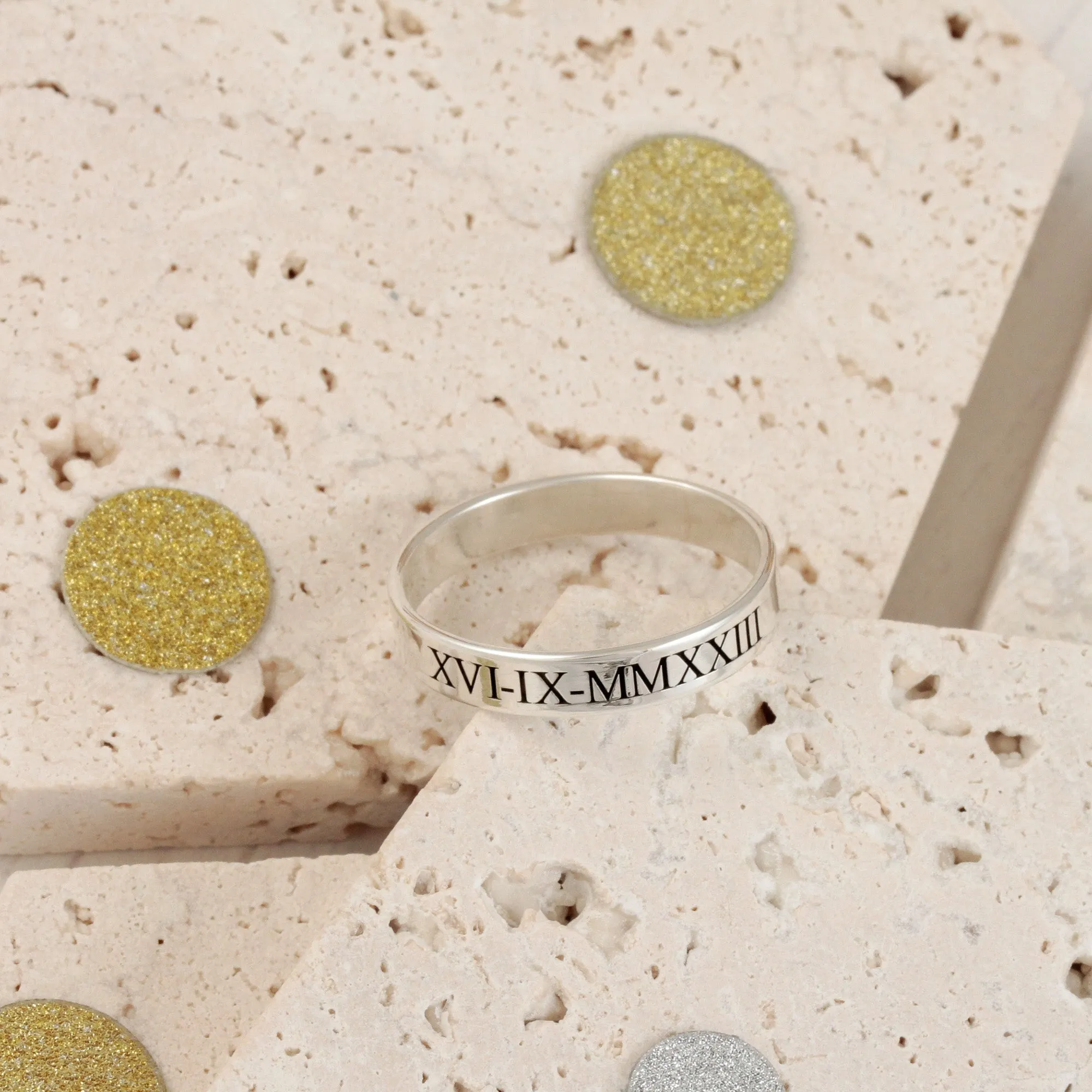 Roman Numerals Skinny Silver Band Ring