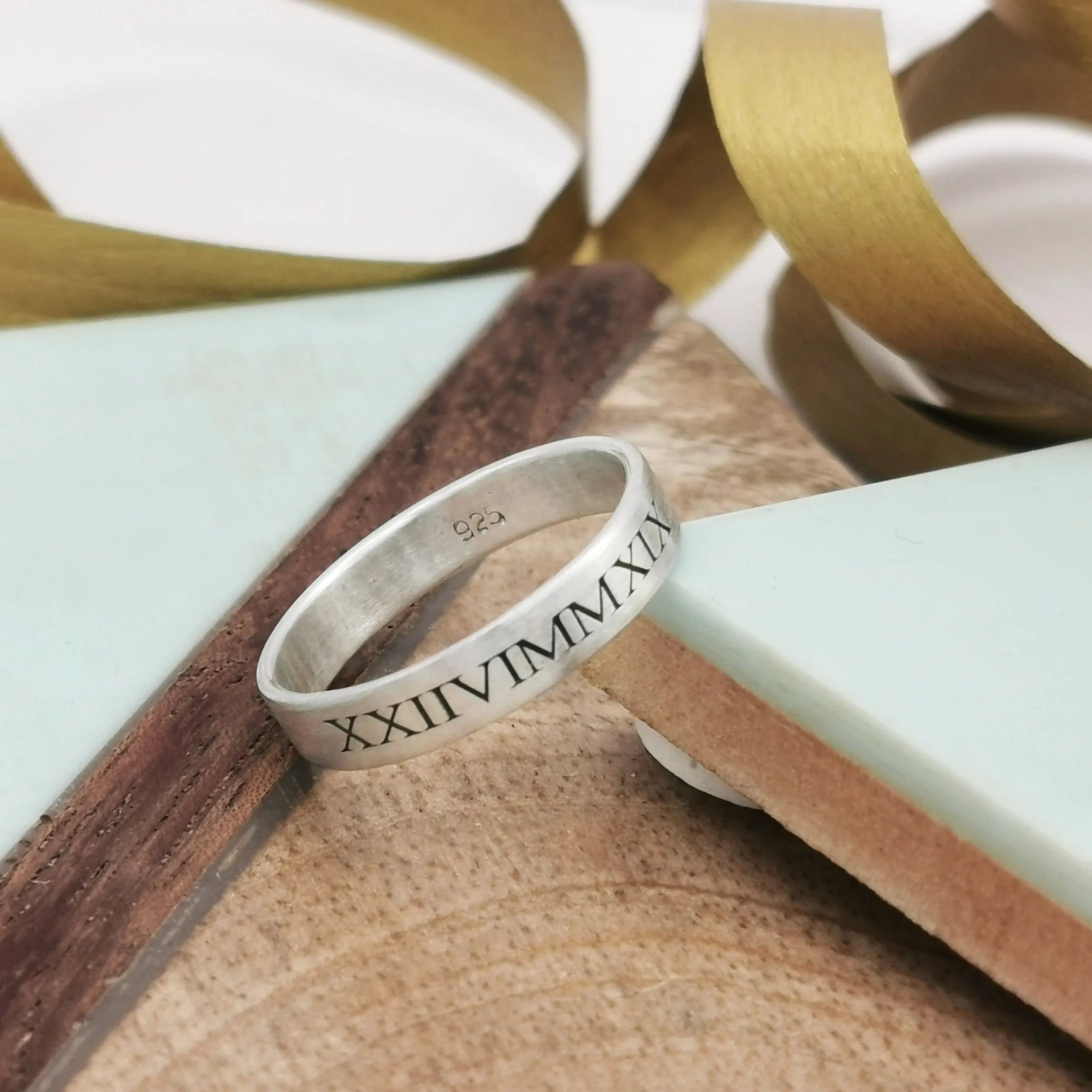 Roman Numerals Skinny Silver Band Ring