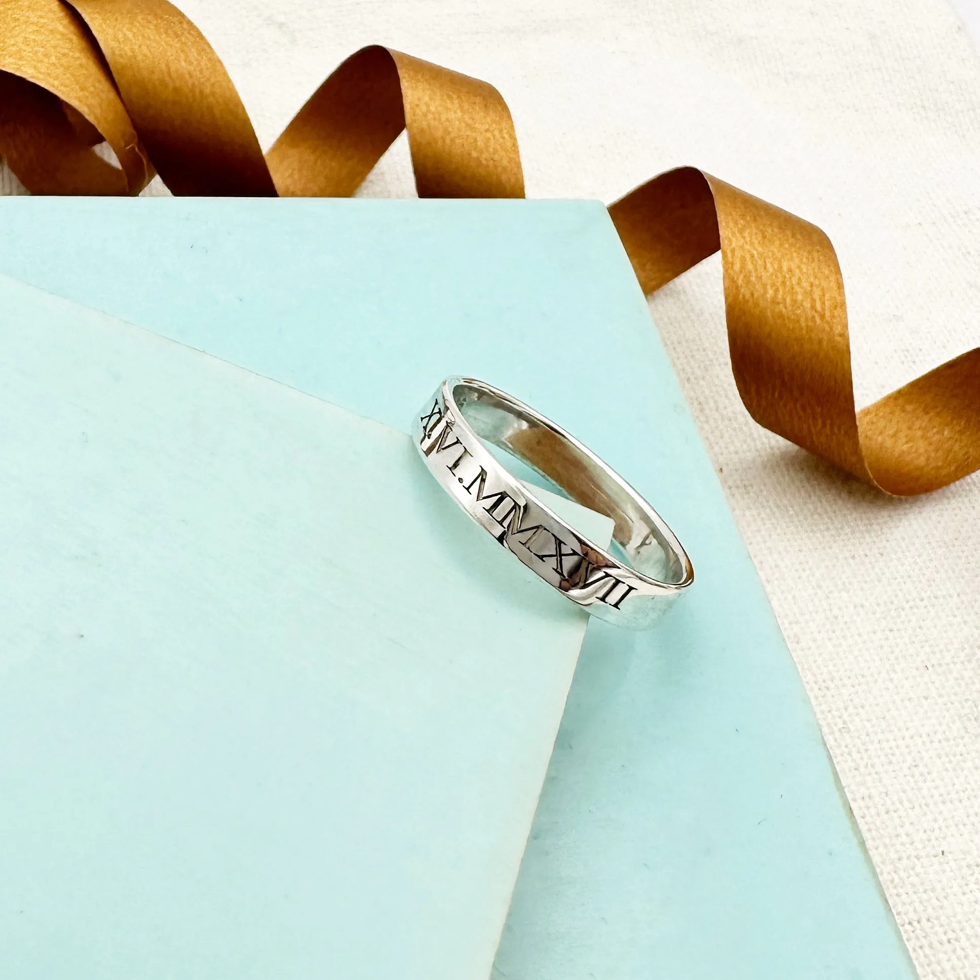 Roman Numerals Skinny Silver Band Ring