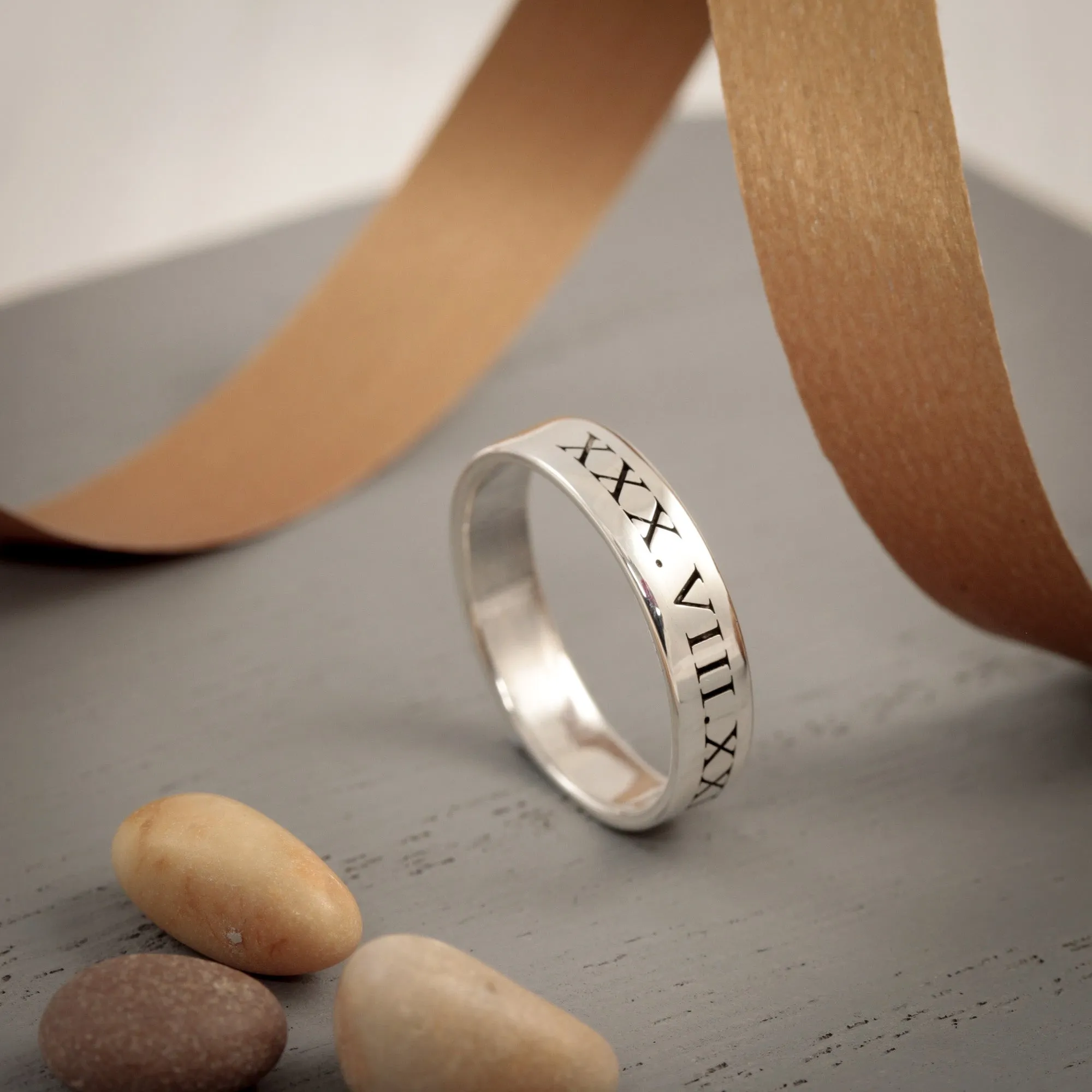 Roman Numerals Skinny Silver Band Ring