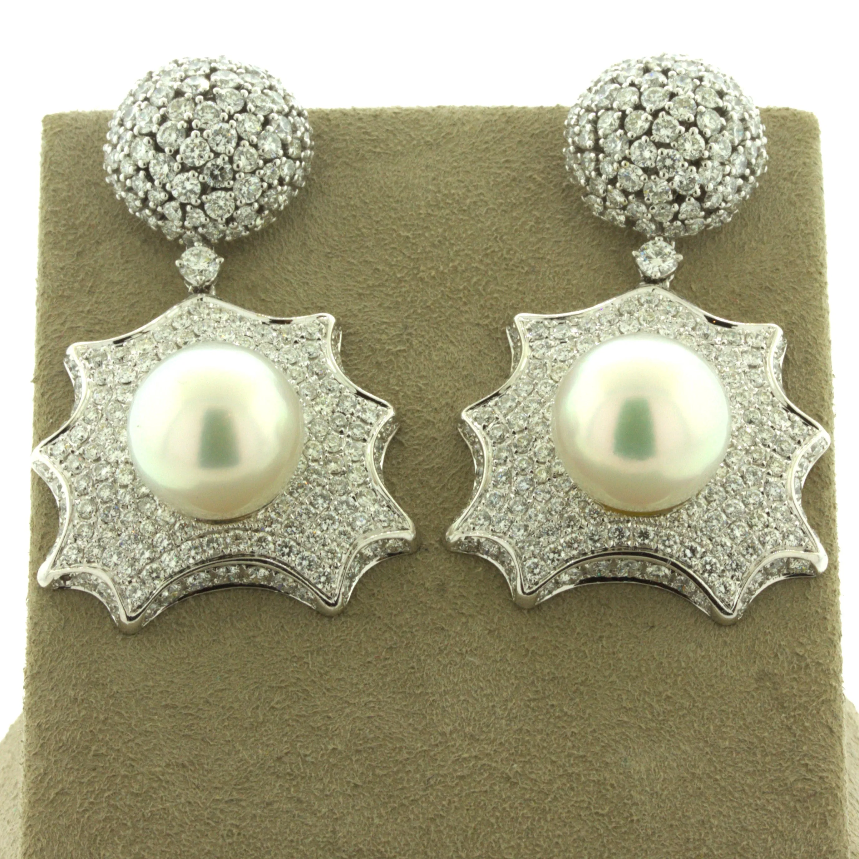 South Sea Pearl Diamond 18k White Gold Drop Dangle Earrings