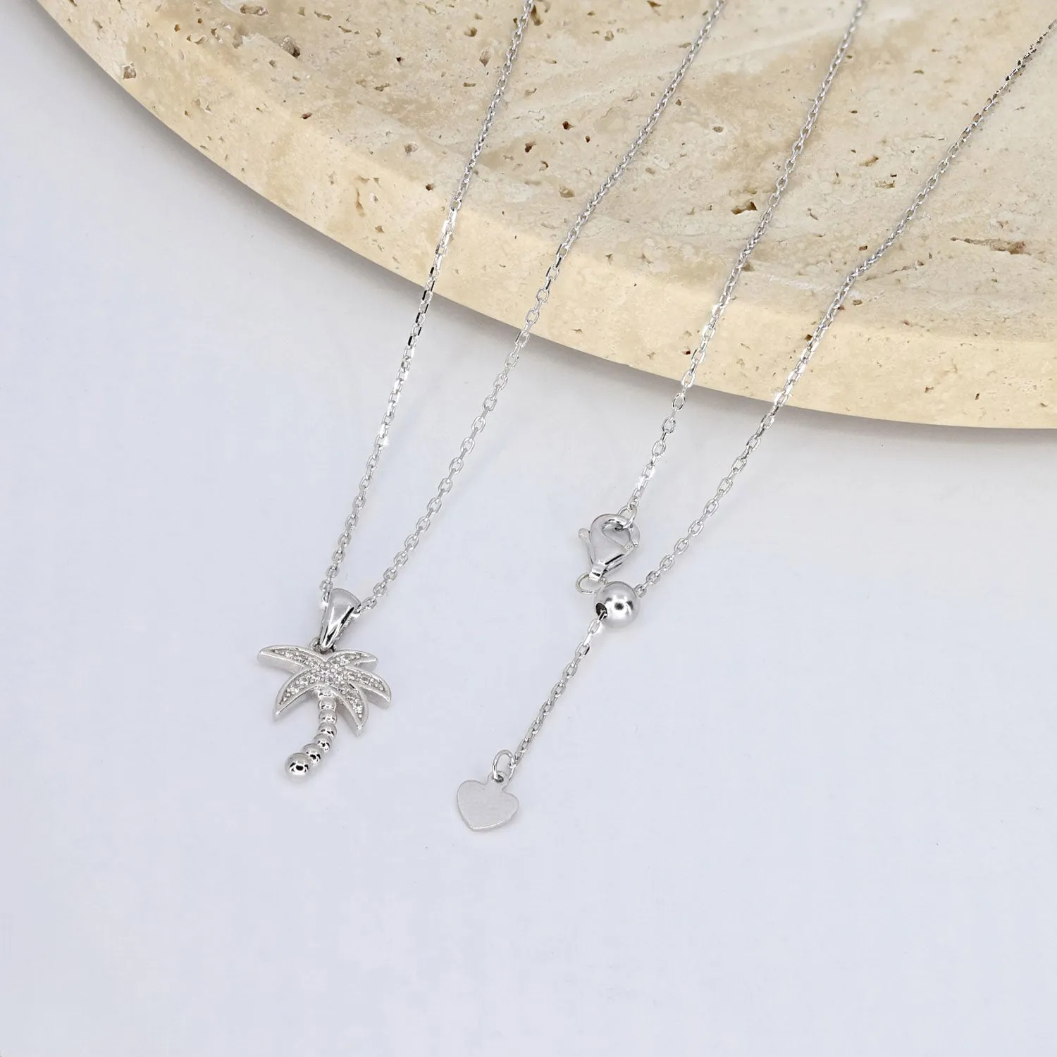 Sterling Silver CZ Palm Tree Adjustable Necklace