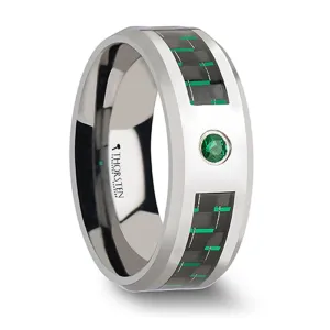 Thorsten Aspen Tungsten Carbide Ring w/ Black & Green Carbon Fiber & Emerald Setting (8mm) W866-TEBG