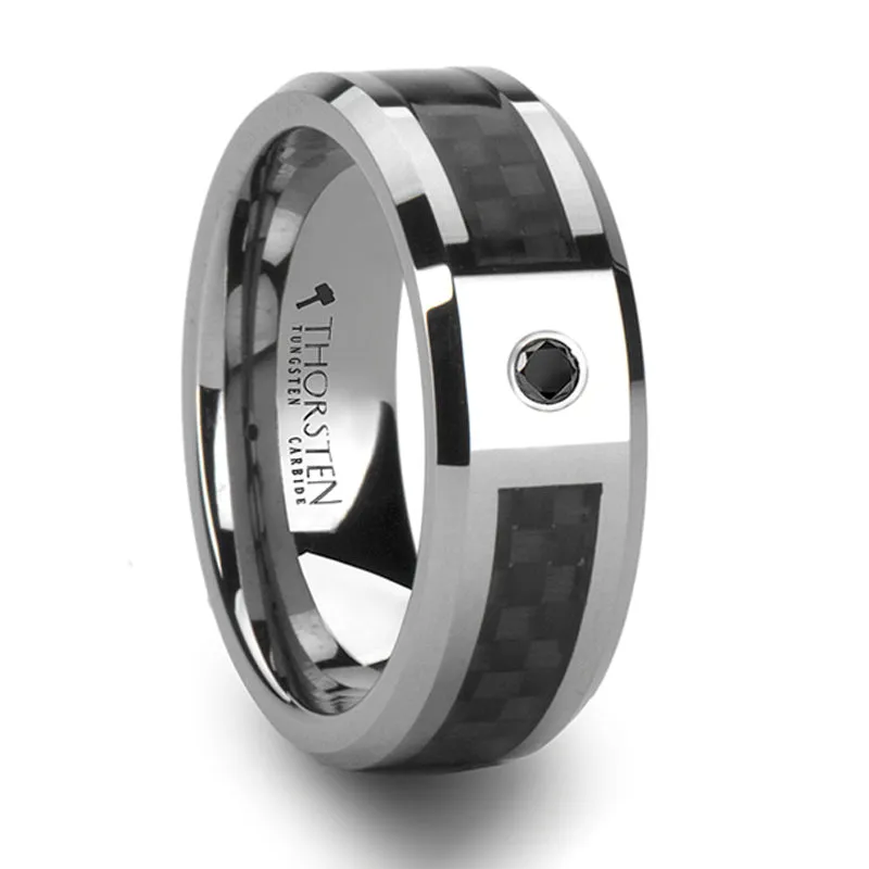 Thorsten Bentley Tungsten Carbide Ring w/ Black Carbon Fiber & Black Diamond (8mm) W802-BCBD