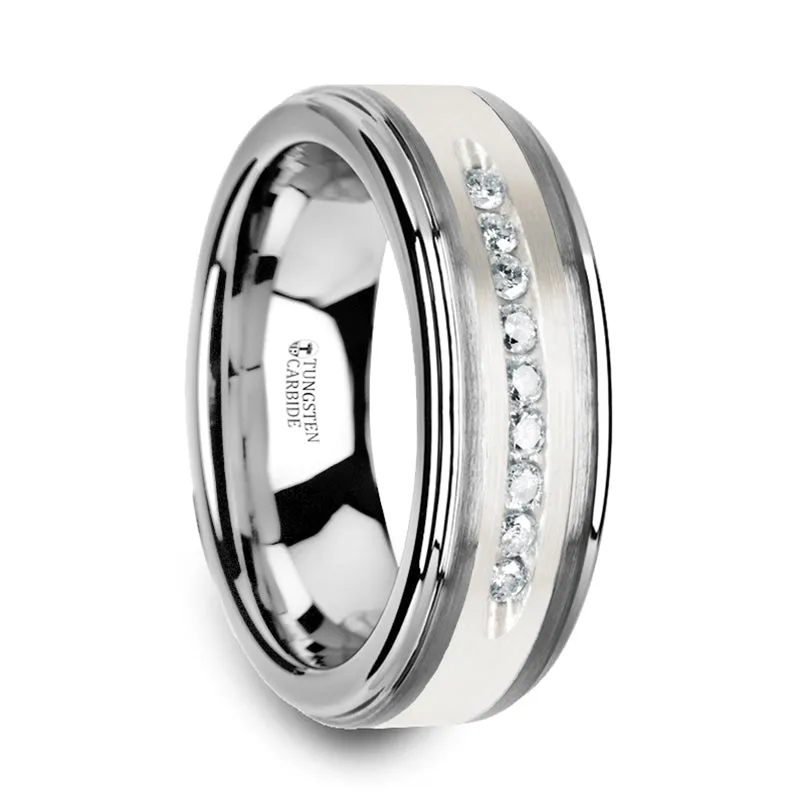 Thorsten Harper Tungsten Wedding Band w/ Raised Center & Brushed Silver Inlay & 9 White Diamonds (8mm) W3924-TCSD