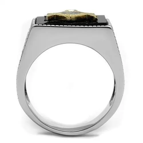 Two-Tone IP Gold (Ion Plating) Stainless Steel Ring with Semi-Precious Agate in Jet for Women Style TK3018