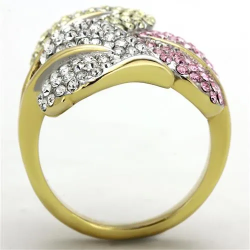 Two-Tone IP Gold (Ion Plating) Stainless Steel Ring with Top Grade Crystal in Multi Color for Women Style TK1441