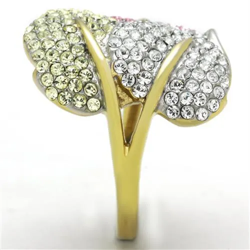 Two-Tone IP Gold (Ion Plating) Stainless Steel Ring with Top Grade Crystal in Multi Color for Women Style TK1441