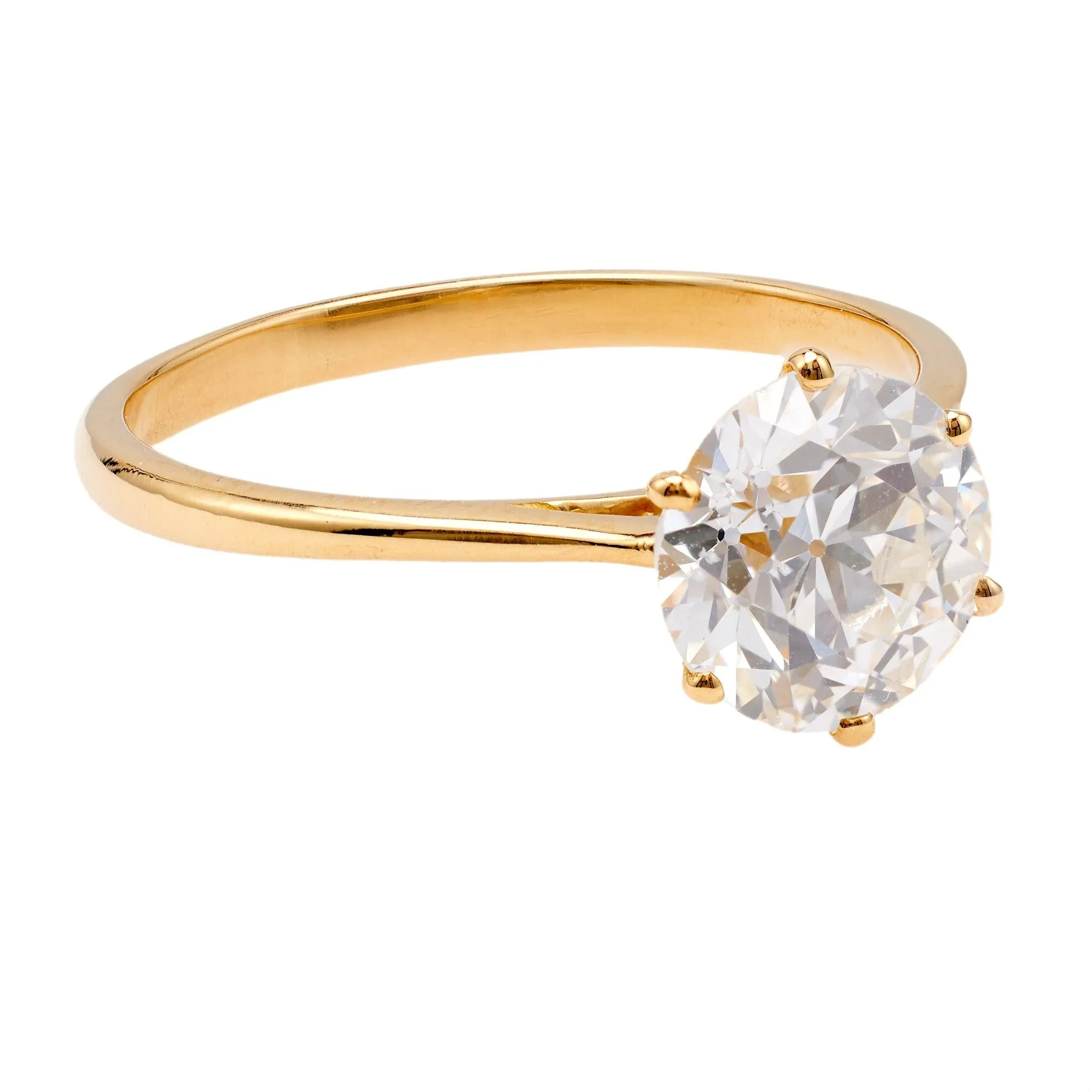 Vintage French GIA 2.12 Carat Old European Cut Diamond 18k Yellow Gold Solitaire